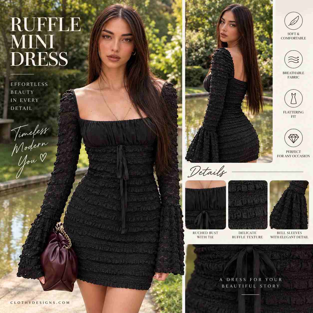 Women’s Floral Lace Mini Dress – Drawstring Tie Detail Flare Sleeve Club & Party Dress